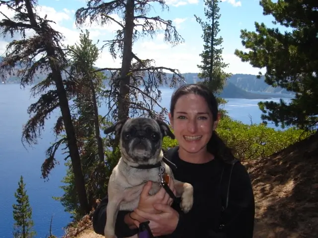 Rachel and her pug Trudy